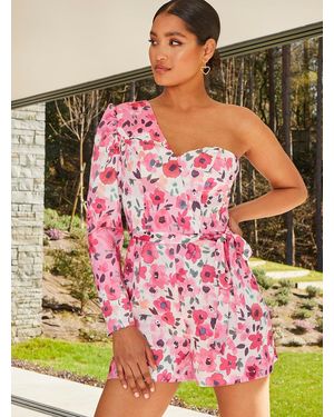 Chi Chi London One Shoulder Long Sleeve Floral Playsuit - Pink