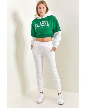 Bianco Lucci Hooded Crop Sweatshirt And Skinny Leg Tracksuit Set - Green
