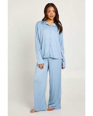 Boohoo Soft Jersey Long Sleeve Top & Trousers Pyjama Set - Blue