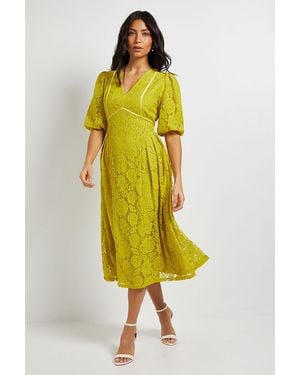 Wallis Lace Puff Sleeve Midi Dress - Yellow
