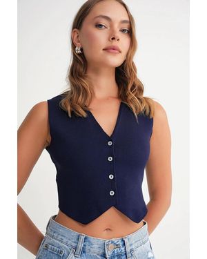 MixRay V-Neck Buttoned Crop Vest - Blue