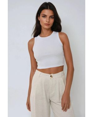 Hiccup Crew Neck Ribbed Knit Sleeveless Crop Top - White