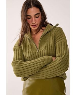 Nasty Gal Ribbed Knitted Quarter Zip Jumper - Green