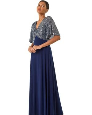 Roman Sequin Flutter Sleeve Midi Dress - Blue
