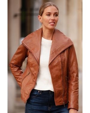 Ashwood Leather 'Isabella' Real Wide Collar Biker Jacket - Brown