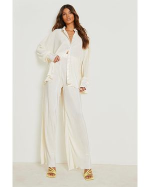 Boohoo Premium Plisse Flared Hem Trousers - Natural