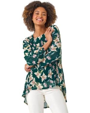 Roman Floral Print Pleated Top - Green