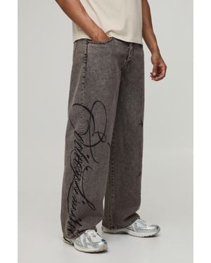 BoohooMAN Gothic Graphic Embroidered Baggy Fit Jeans - Natural
