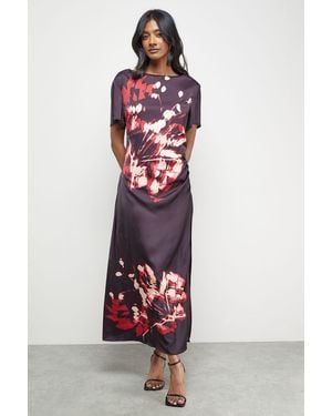 Warehouse Placement Print Crinkle Satin Ruched Midi Dress - White