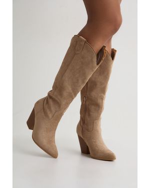 Boohoo Faux Suede Embroidered Knee High Western Cowboy Boots - Natural
