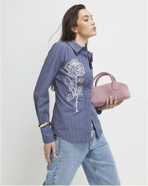 River Island Striped Long Sleeve Embroidered Shirt Cotton - Blue