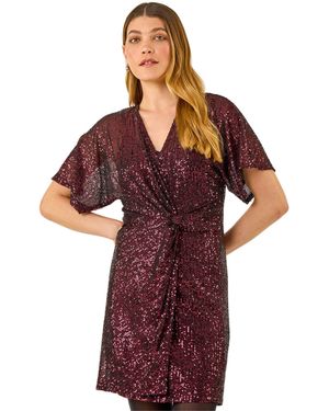 Roman Sequin Twist Front Stretch Dress - Red