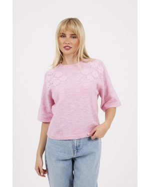 Brave Soul Short Sleeve Jumper With Floral Embroidery - Red