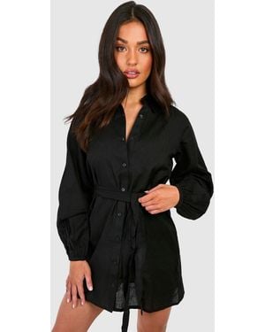 Boohoo Petite Linen Look Belted Shirt Dress - Black