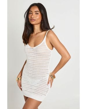 Boohoo Crochet Knit V Neck Mini Dress - White