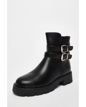 Quiz Faux Leather Double Buckle Ankle Boot - Black