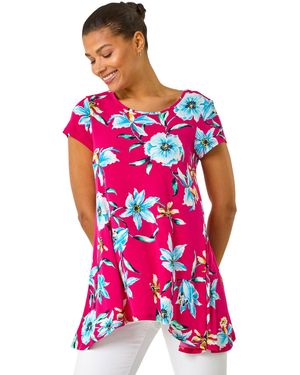 Roman Floral Print Hanky Hem Stretch Tunic Top - Red