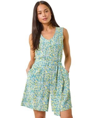 Roman Petite Ditsy Print Tie Waist Playsuit - Blue