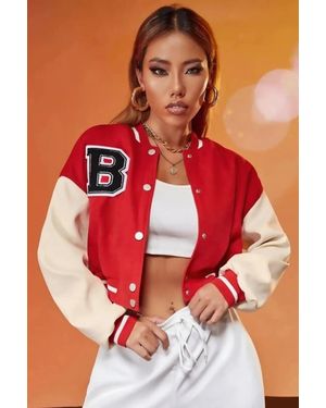 Femme Luxe Varsity Slogan Contrast Sleeve Bomber - Red