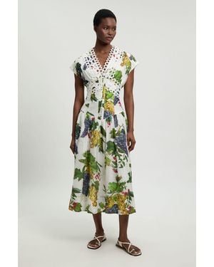 Karen Millen Petite Fruit Print Tape Detail Short Sleeve Woven Maxi Dress - Green