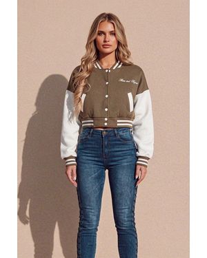 Femme Luxe Varsity Slogan Contrast Sleeve Bomber - Blue