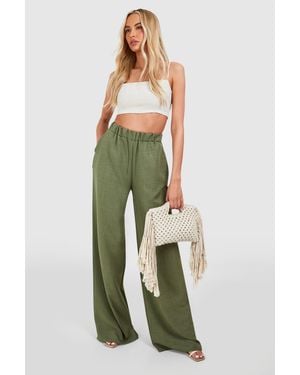 Boohoo Tall Linen Look Wide Leg Trousers - Green