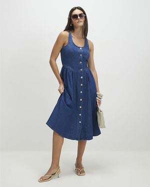 River Island Midi Dress Denim Button Front Sleeveless Cotton - Blue