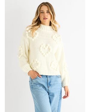 Gini London Heart Bubble Chunky Knit High Neck Jumper - White