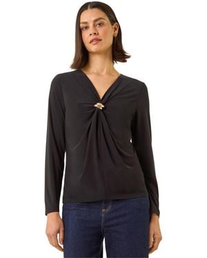 Roman V-Neck Metal Trim Stretch Top - Black