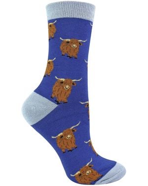 Miss Sparrow Ladies Highland Cow Socks - Blue