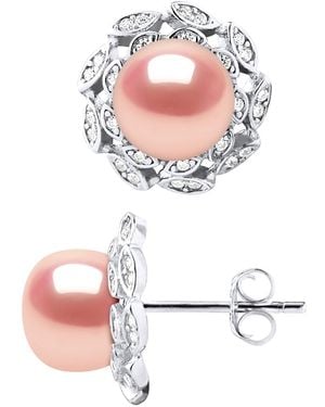 Diadema Stud Earrings Flower Beads Freshwater 8-9Mm Buttons Roses Jewellery 925 - Pink