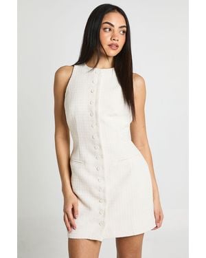 Boohoo Button Front Boucle Tailored Mini Dress - White