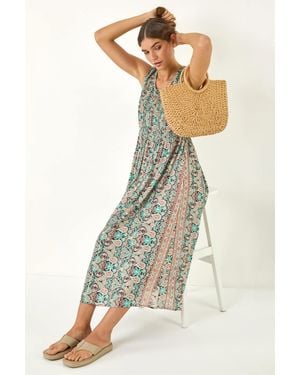 Roman Paisely Print Shirred Midi Dress - Blue