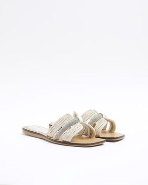 River Island Flat Sandals Raffia Diamante Textile - White
