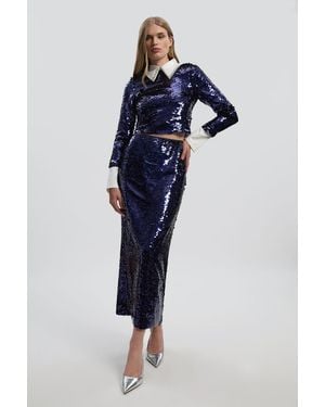 Karen Millen Sequin Front Split Woven Midi Skirt - Blue