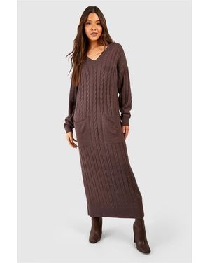 VIOLET ROMANCE V-Neck Long Sleeve Maxi Jumper Dress - Brown