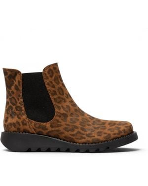 Fly London Leopard Tan Chelsea Suede Leather Ankle Boots - Brown