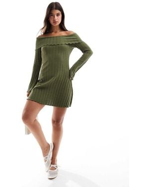Pieces Off The Shoulder Ribbed Mini Dress With Lettuce Edge Detail - Green