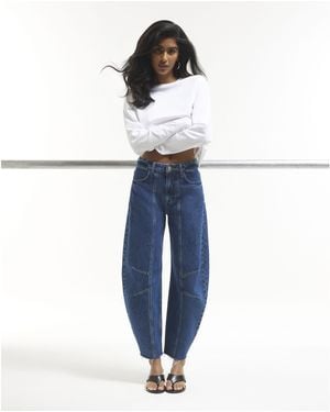 River Island Wide Leg Jeans Mid Rise Seamed Raw Hem Barrel Cotton - Blue