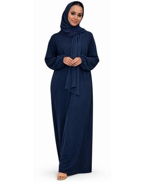 VR2 Denim Ladies Abaya With Scarf Attached Comfortable Modest Dress - Blue