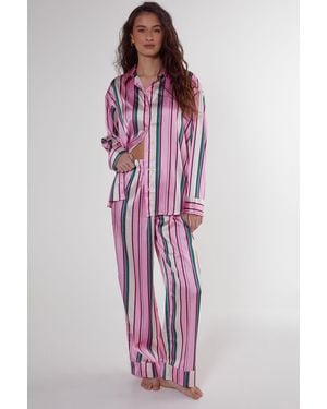 Nasty Gal Satin Multi Stripe Oversized Shirt And Trousers Pyjama Set - Purple