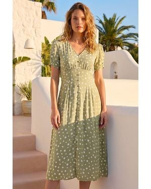 Roman Polka Dot Ruched Sleeve Midi Dress - Green