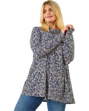 Roman Curve Spot Print Cowl Neck Top - Blue