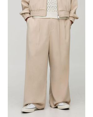 BoohooMAN Pleated Front Wide Leg Trousers - Natural