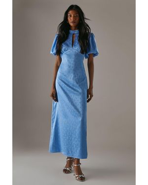 Warehouse Rose Satin Jacquard Puff Sleeve Tie Back Midi Dress - Blue