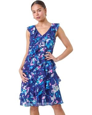 Roman Petite Abstract Print Ruffle Shift Dress - Blue