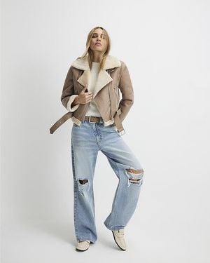 River Island Aviator Jacket Belted Cropped Pu - White