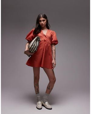 TOPSHOP V Neck Puff Sleeve Mini Dress - Red