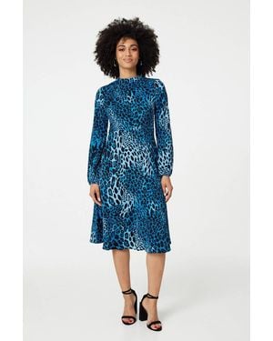 Izabel London Leopard Print Long Sleeve Knee-Length Dress - Blue