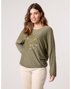 Blue Vanilla Embroidered Sequin Flower Top - Green